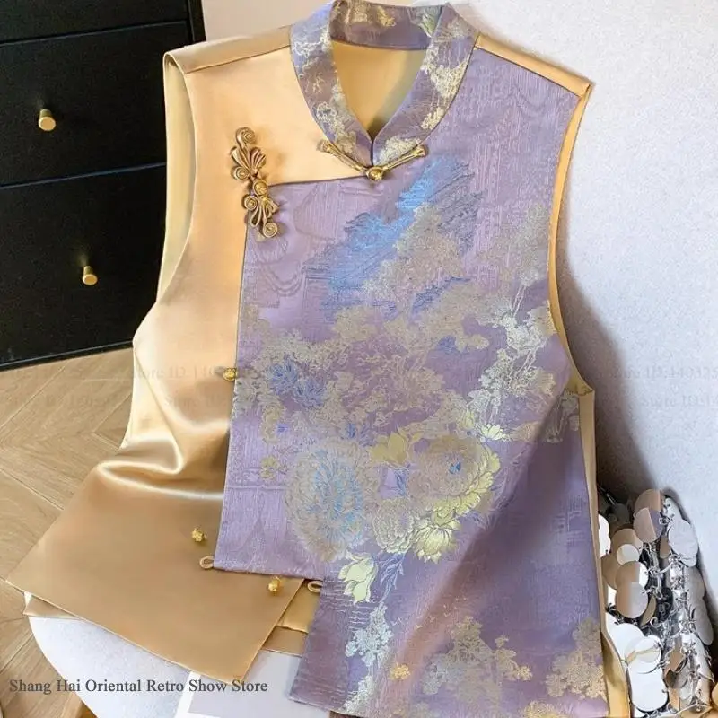 

New Chinese Style Womens Tang Clothes Qipao Vest Vintage Patchwork Jacquard Cheongsam Tops Hanfu Waistcoat Summer New Outwear