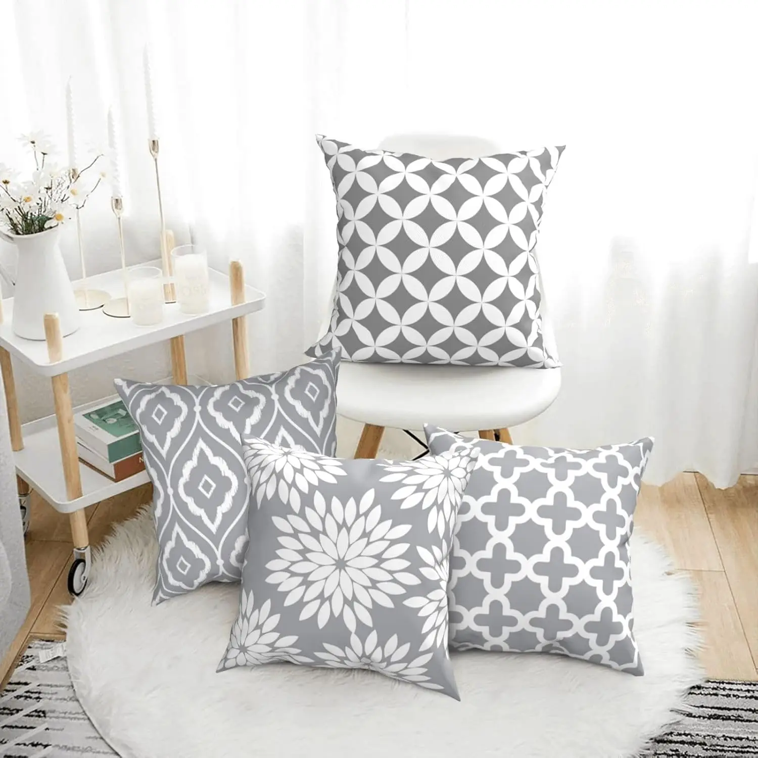 Grey Geometric Pillow Covers – Modern Farmhouse 4-Pack Cushion Covers for Couch, Sofa, Bed, Car Décor