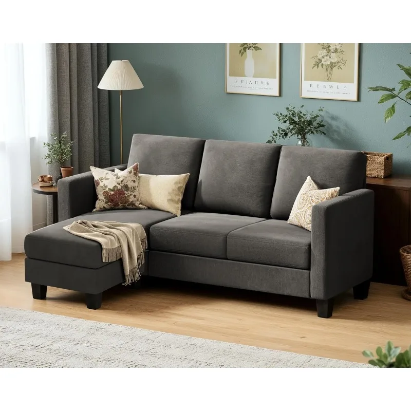 3-Sitzer-Sofa in L-Form mit Ottomane aus Leinenstoff, kleine Couch für kleine Wohnungen