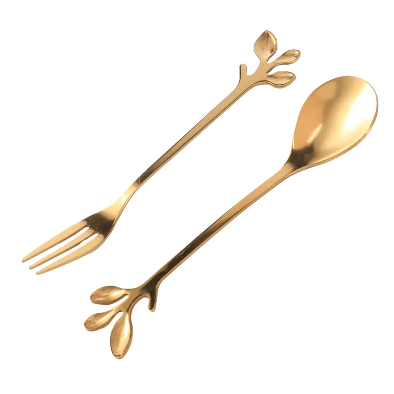 Tableware Gold Leaf Coffee Spoon Fork,12 Pack(6 Spoons 6 Forks) 4.7 Inches Tea Spoon Set