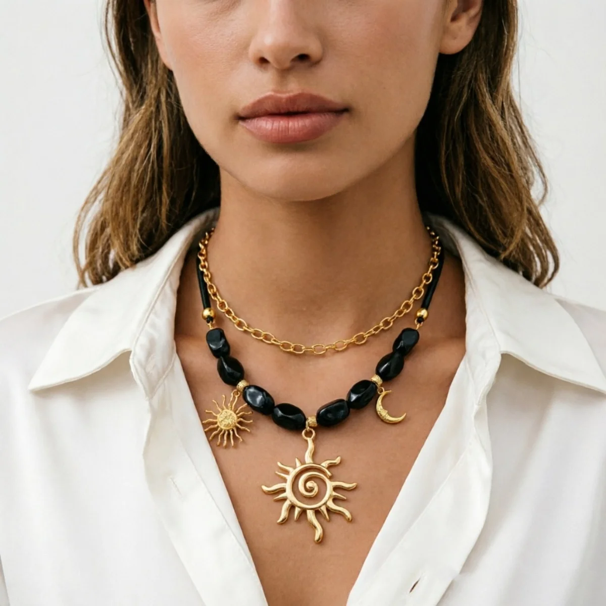 Doppelschichtige Unregelmäßige Schwarze Harzperlen Spiral-Sonne-Mond-Anhänger Halskette für Frauen und Männer Ethnischer Stil Sonnenblumen-Choker Schmuck – Detail 16
