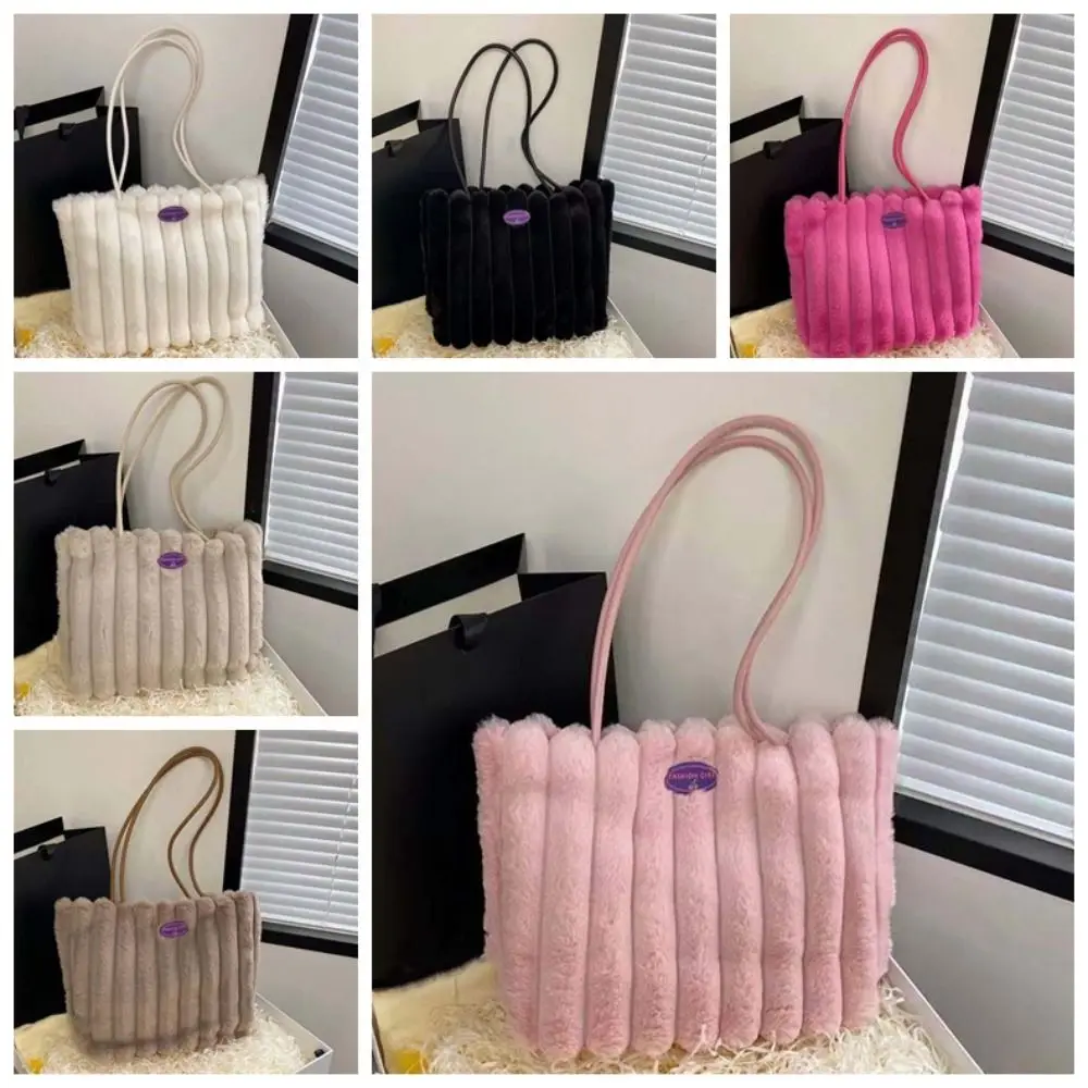 Tas Tote Berbulu Bergaris Poliester Tas Bahu Mewah Kapasitas Besar Portabel Tas Tangan Komuter Kancing Magnetik Lembut Musim Gugur