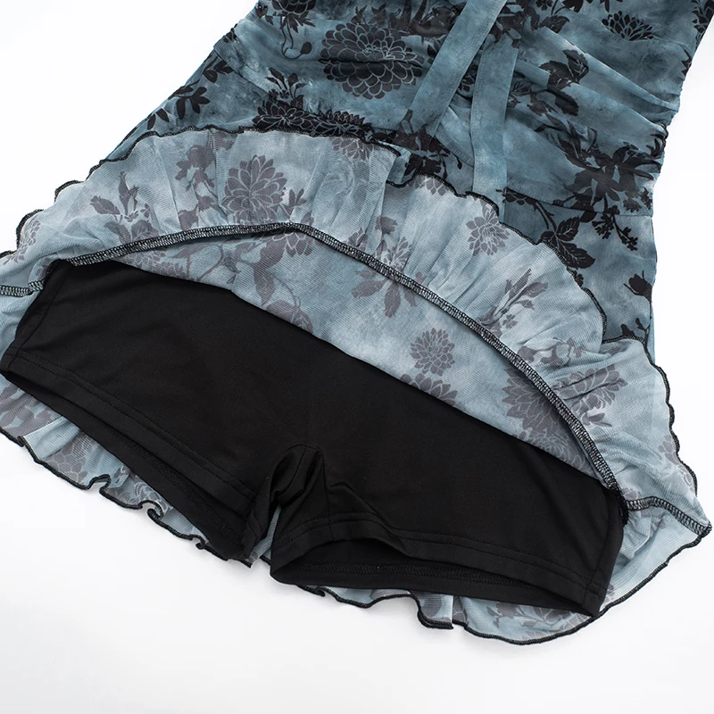 CUTENOVA Women'S Fall New Arrival Printed Sheer Mesh Patchwork Hanging Neck Tie-Back Long Sleeve Mini Dress With Safety Panties