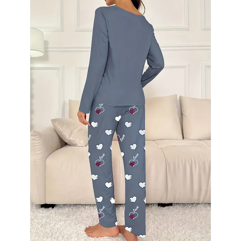 

Удобный женский повседневный пижамный комплект с длинными рукавами | Принт с сердечком любви, круглый вырез, эластичная ткань всесезонная