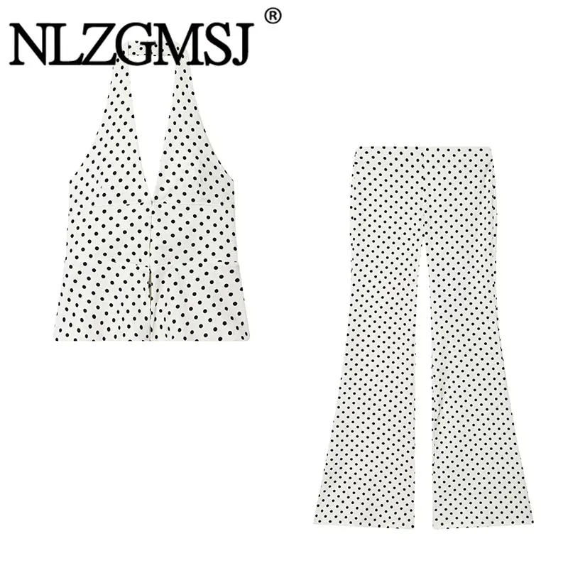 Nlzgmsj 2026 Sommer Damen 2-teiliges Polka Dot Neckholder-Set, dehnbares ärmelloses Crop-Top + High-Waist Schlaghose Y2K
