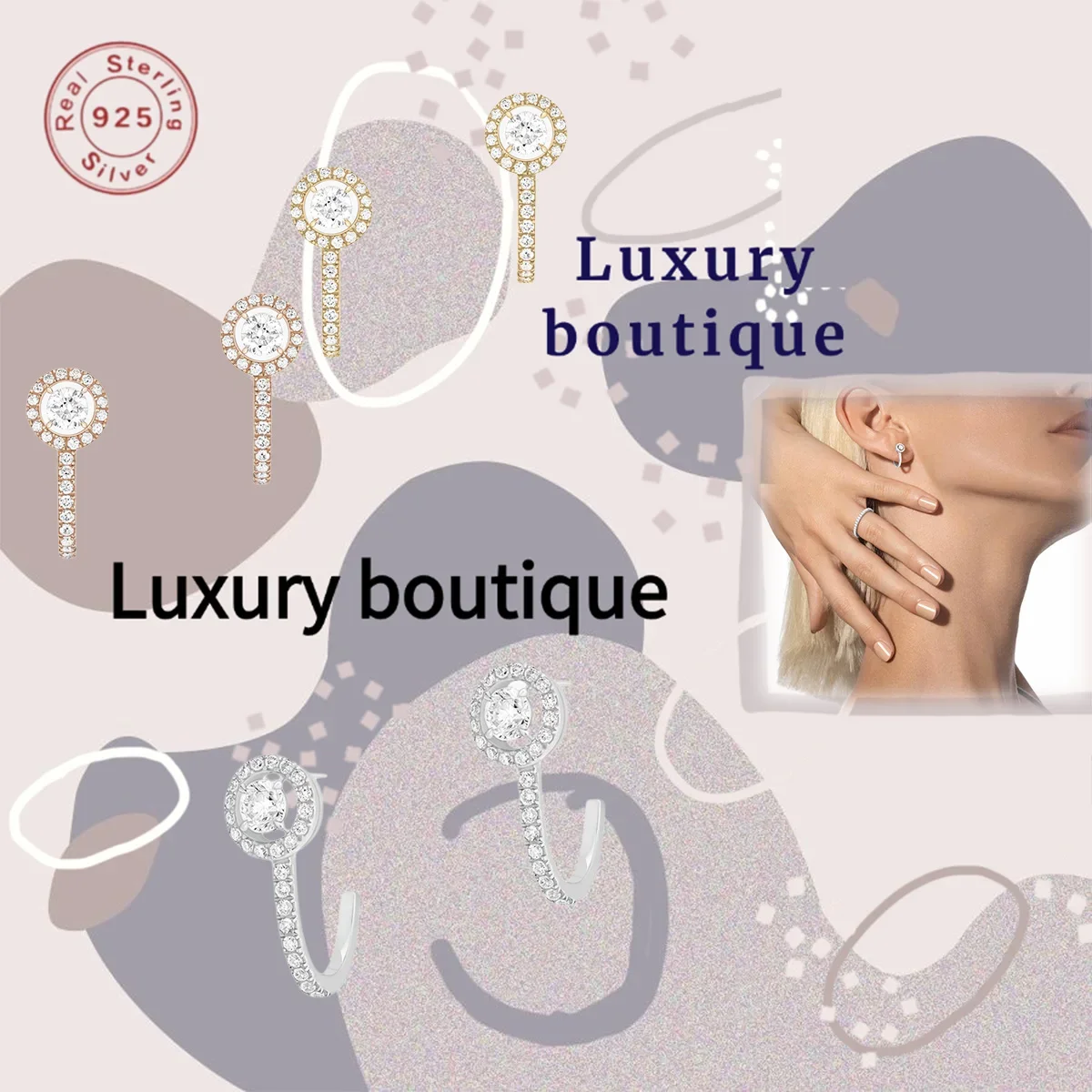 

Solid Silver S925 Earstuds with Diamond Set, Round Earclip Style, Noble Women's Couple's Day Limited Edition