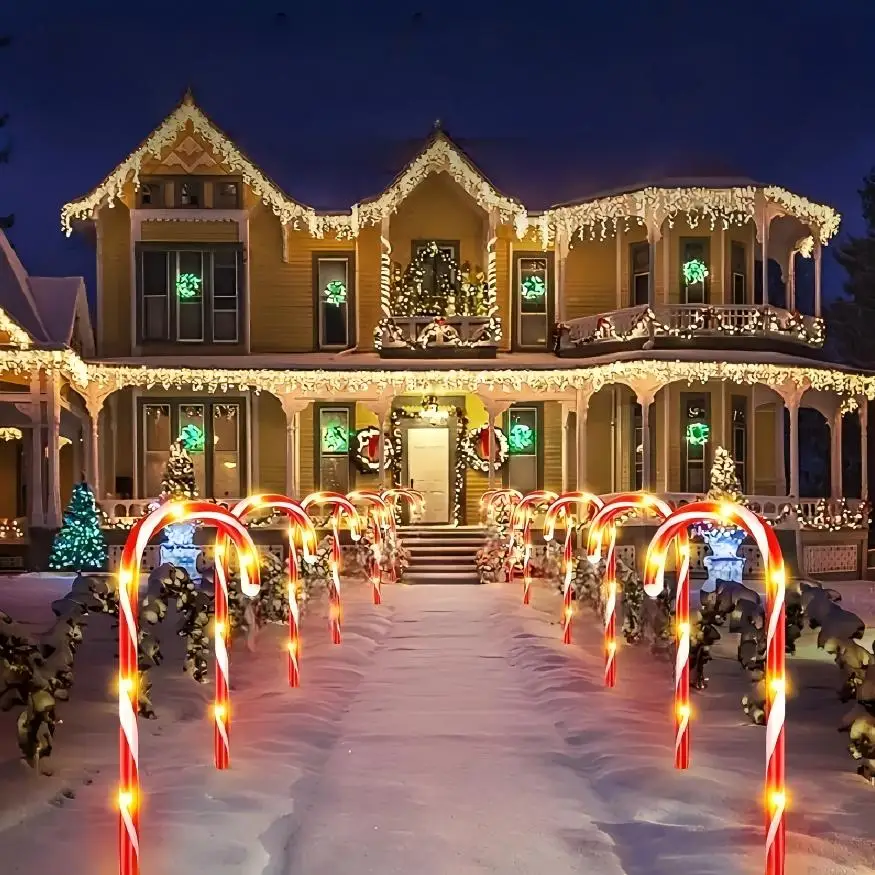 Santa's Guiding Path Solar Powered Candy Cane LED Stake Lights Waterproof Outdoor Christmas Pathway Yard Garden Decoration