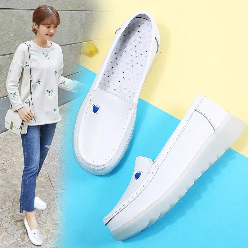 Women's Shoes Comfortable Soft-soled Work Shoes White Slope Heel Increased Leather Deodorant Hospital Nurse Shoes