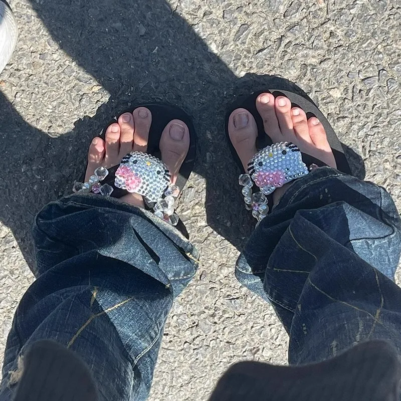 Hello Kitty Sanurgente-Tongs souples pour femmes, sandales de plage Y2k, chaussures décontractées à talons hauts compensés, pantoufles à plateforme, cadeau pour dames