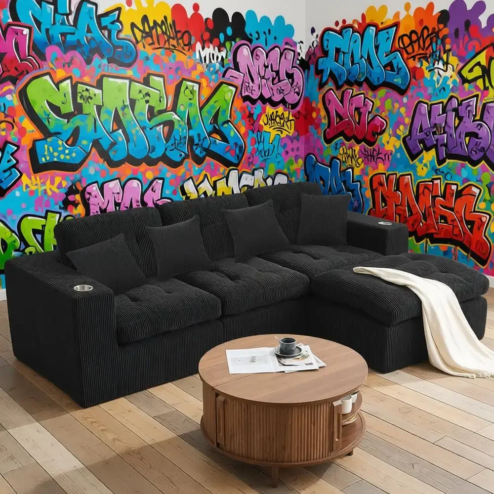 

108-дюймовый L-образный секционный диван с глубоким сиденьем и пеной с эффектом памяти, черный вельвет для гостиной и спальни