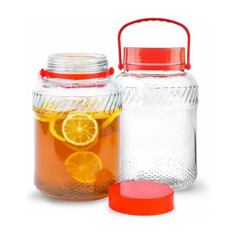 1 Gallon Glass Jar With Lid (2 Pack) 128 Oz Large Mason Jars Wide Mouth For Sun Tea, Big Kombucha Jugs Transparent+Red