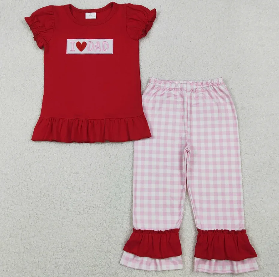 

Ready To ship Girls Clothes Embroidery I Love Dad Shirts Checked Ruffle Pants Sets