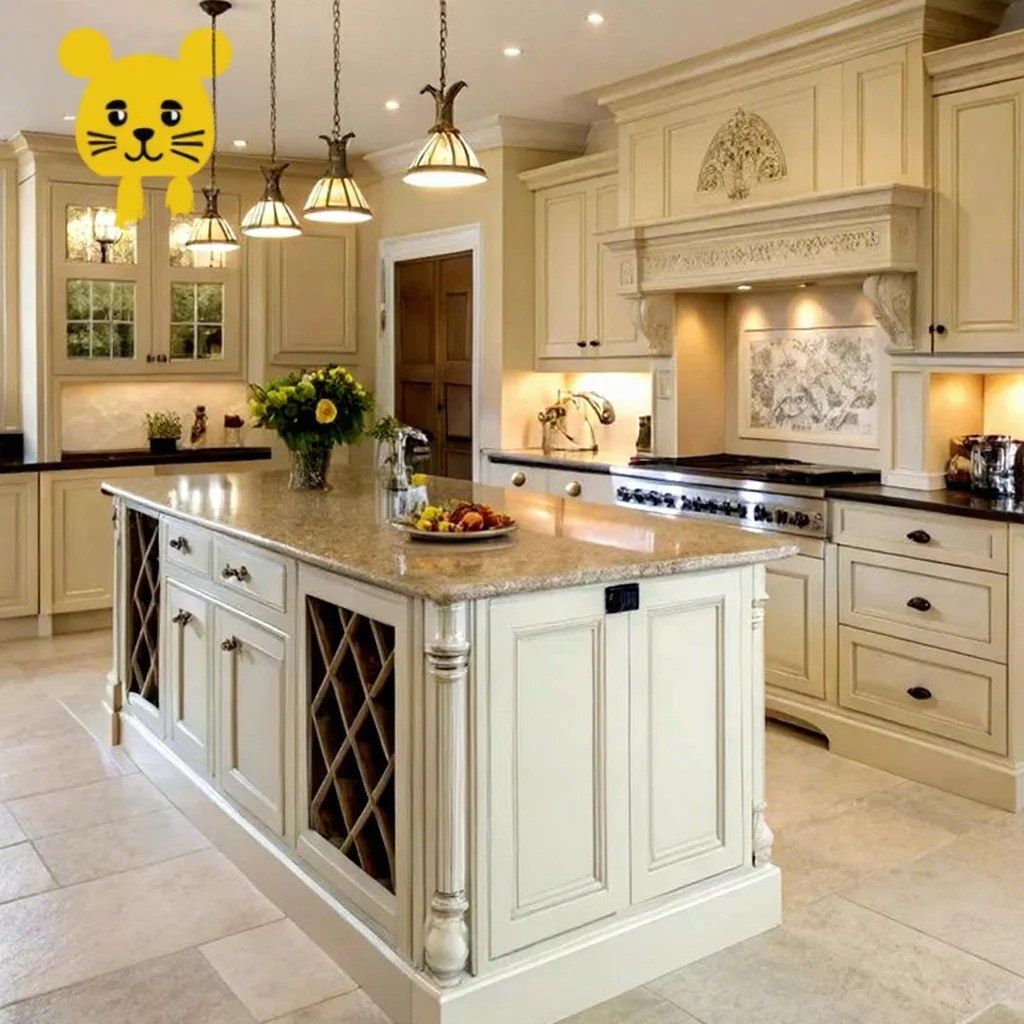 European Modern Gold-Painted Solid Wood Kitchen Cabinets With Sink Factory Direct Carved Decor Durable