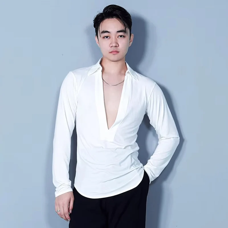 

Мужской топ для латинских танцев с длинным рукавом, белые топы с v-образным вырезом, мужская тренировочная одежда для ча-ча-румбы, мужская танцевальная одежда для латинских танцев VDL1322