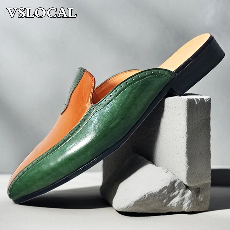 

Luxury Brand Men's Mules Half Shoes Mixed Colors Casual Mens Dress Shoes Summer Comfortable Real Leather Half Shoes Men