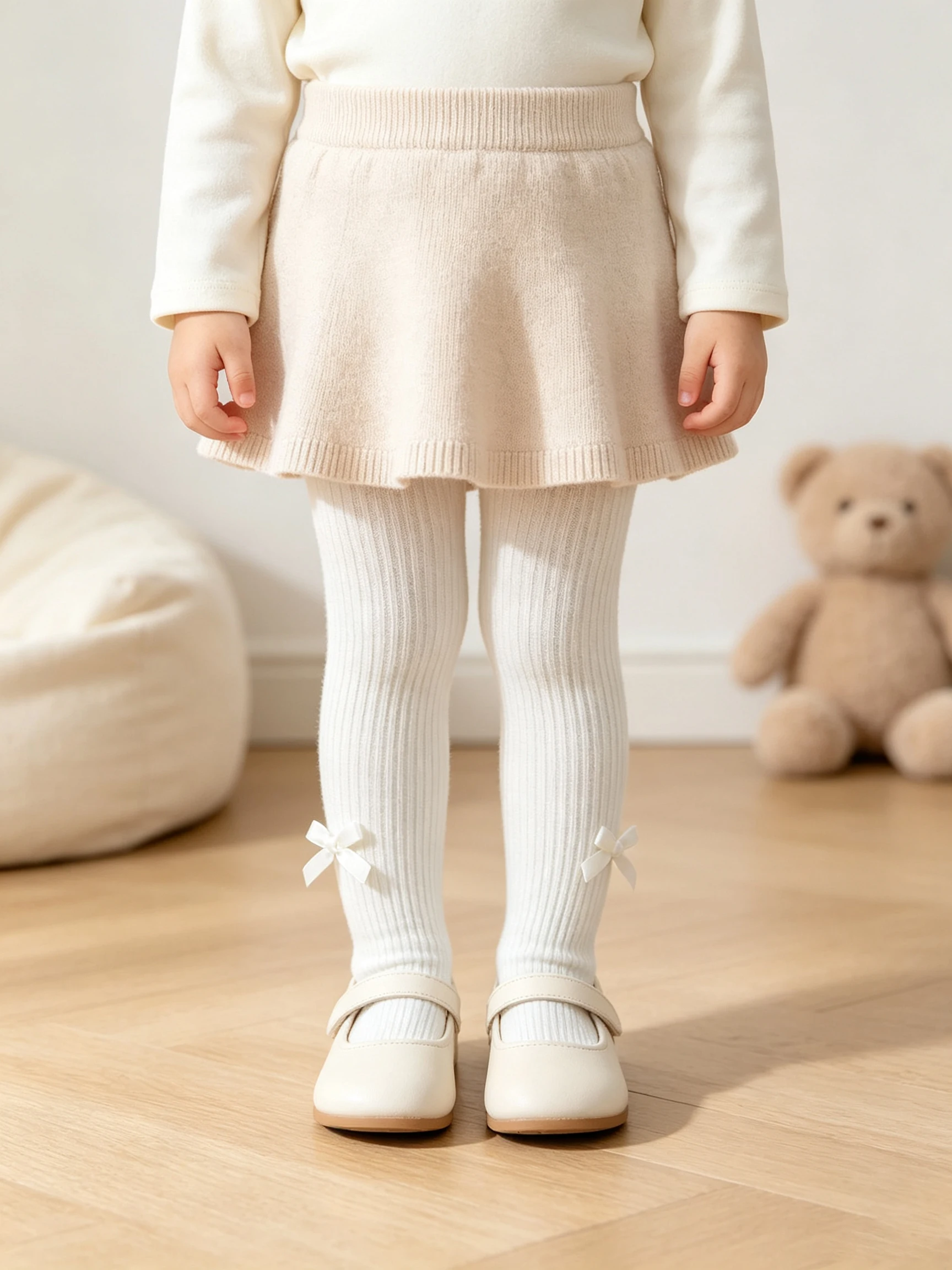2Pcs 0‑12Y Baby Bow Ribbed Tights Stretchy Knit Autumn Solid Pantyhose Versatile Leggings For Little Girls Daily Dress Outfit