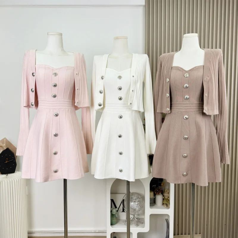 

Высококачественные модные милые вязаные кардиганы + комплекты сексуальных платьев, корейский свитер для девочек, пальто + мини-платье, женская одежда из 2 предметов