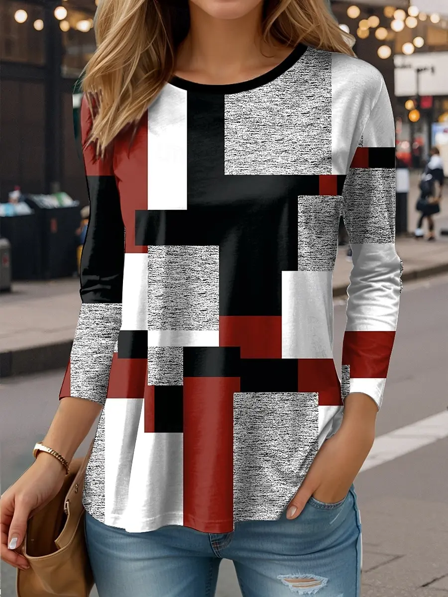 

Женская футболка с 3D цветным принтом, модный топ с длинными рукавами и круглым вырезом, обычный топ для отдыха, выходных, весна и осень