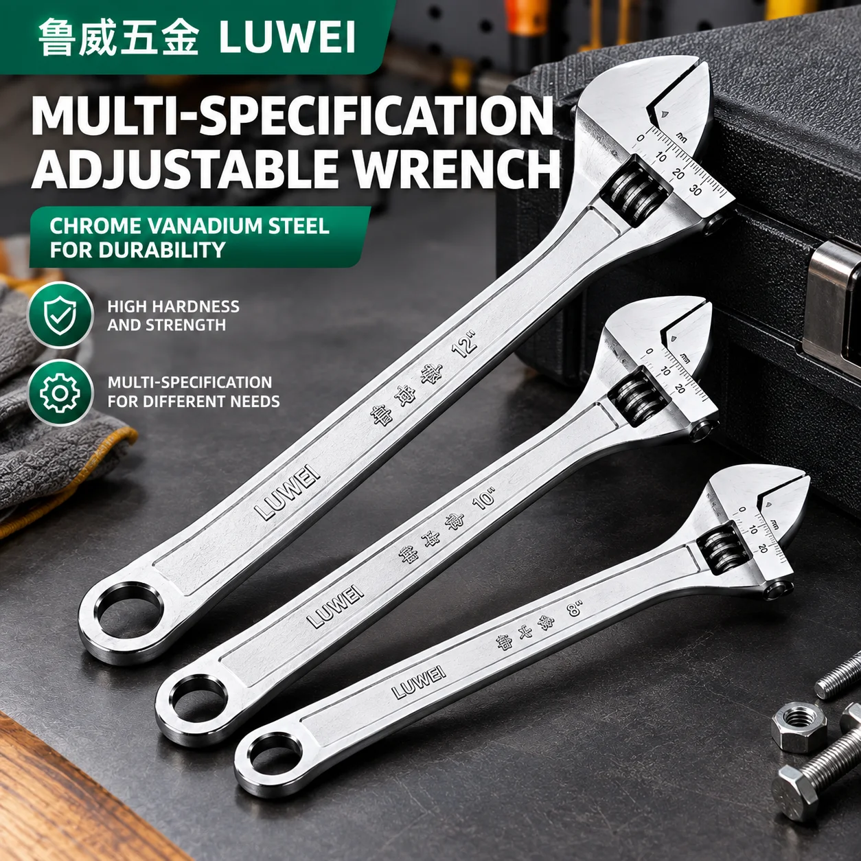 LUWEI Verstellbarer Schraubenschlüssel aus Kohlenstoffstahl, korrosionsbeständig, Heavy-Duty, 8–15 Zoll, präzise Klemmung, ideal
