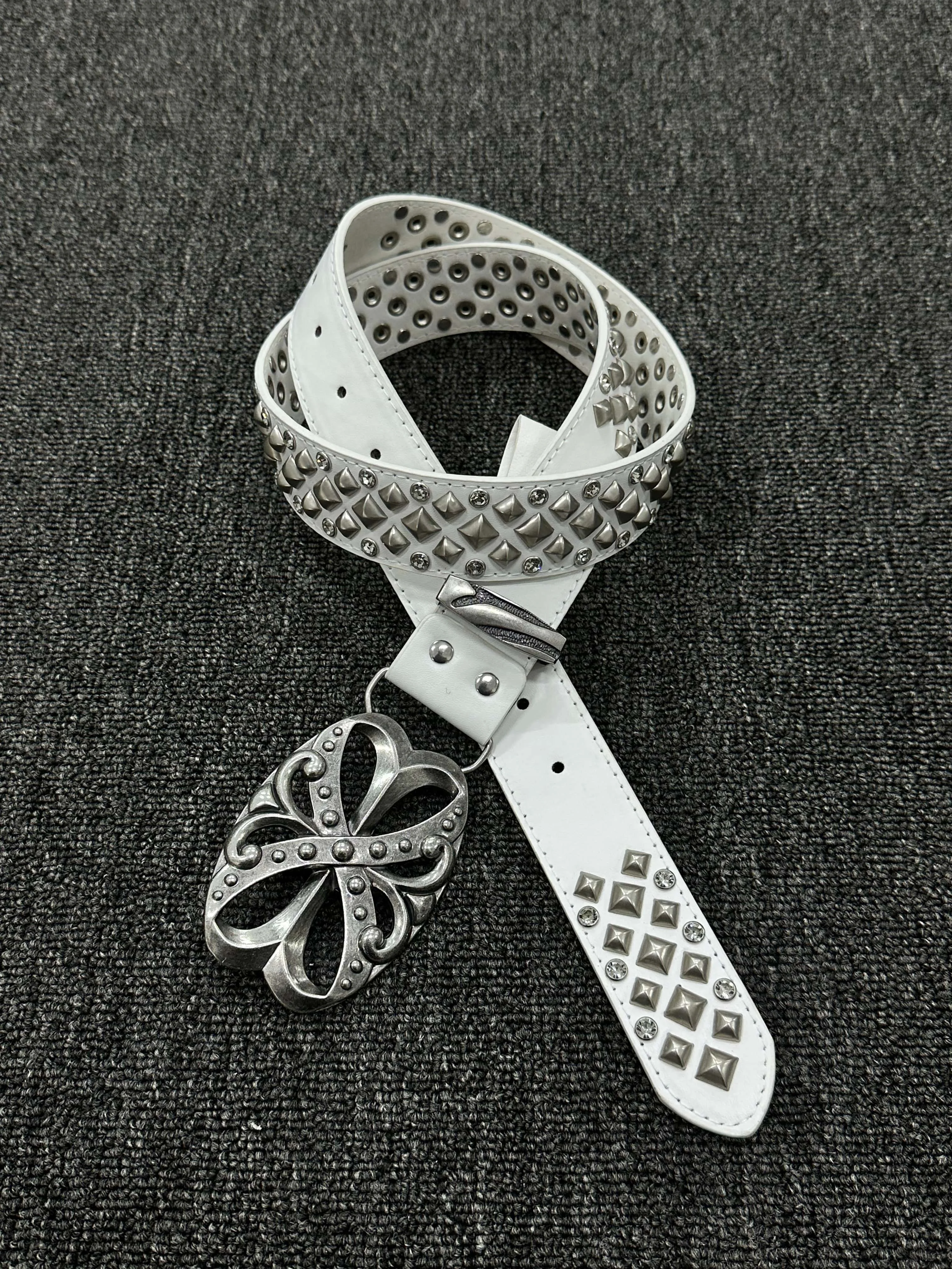 Vintage Cross Flower Buckle Belt with Rhinestone Studs, Punk Silver Rivet Belt, Black White Western Streetwear Waist Belt