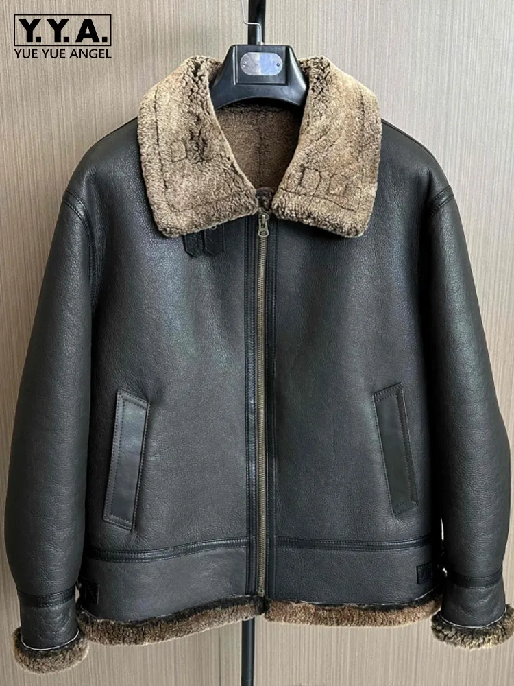 

Винтажная мужская зимняя теплая куртка из натуральной шерсти с подкладкой для деловой работы из овчины, куртка из натуральной кожи, мотобайкерское пальто из натуральной овчины