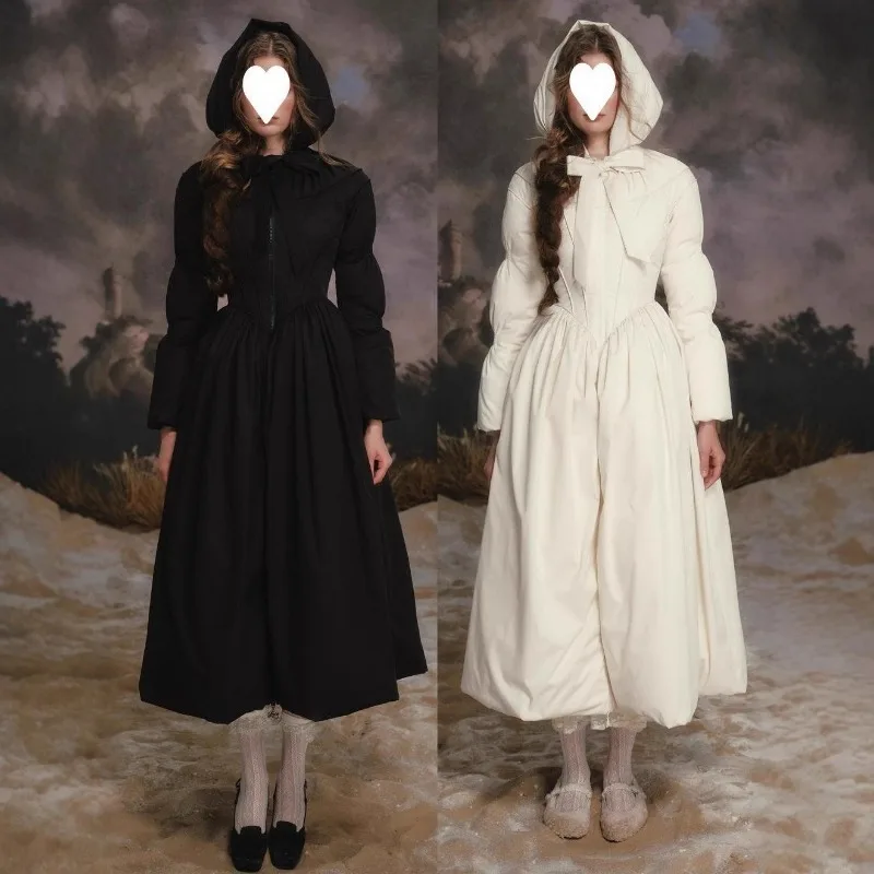 

Female New Elegant Casual Hooded Cotton Coat Fashion Versatile Bow Tie Puffer Skirt Overcoat Vintage Ruffled Warm Thick Jacket
