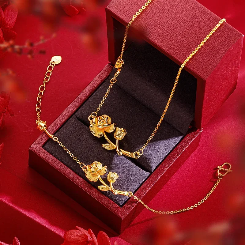 

9999 Real Gold 24K Premium Sunset Romantic Rose Clavicle Necklace Gold Niche Design Rose Flower Necklace