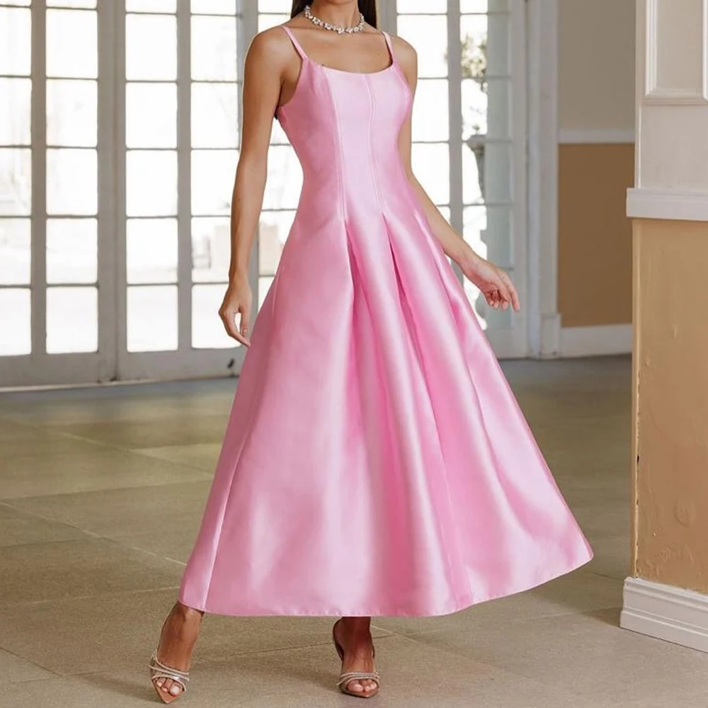 

Customized A-line Evening Dresses Ankle-length Spaghetti Strap Sleeveless Prom Gown Simple Fashion Draped Backless Party Gown