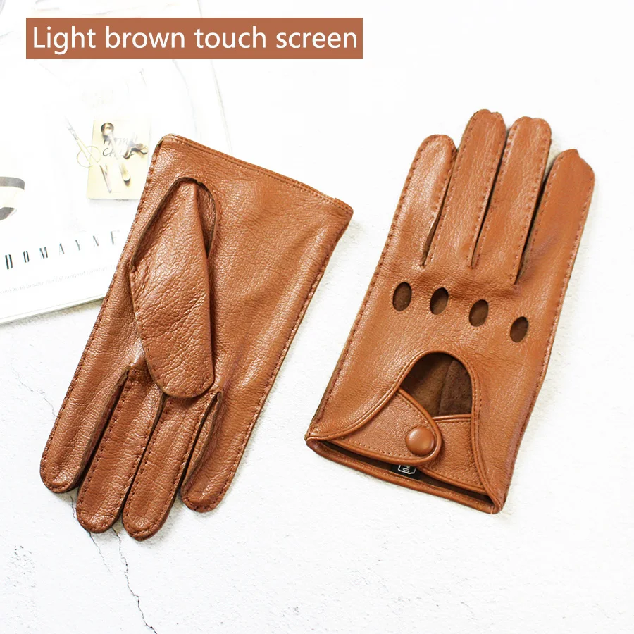 Deerskin Driving Driver Leather Gloves Men\'s Thin Hollow Breathable Spring and Summer Motorcycle Riding Manual Stitching