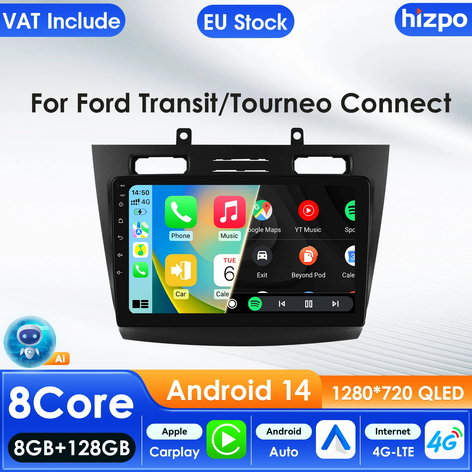Hizpo Carplay 10,1 Zoll 4G AI-System Autoradio für Ford Transit Connect 2005 - 2014 Tourneo Connect Multimedia-Videoplayer Autoradio 10,1 Zoll Intelligenter Bildschirm QLED-Display Automotive Head