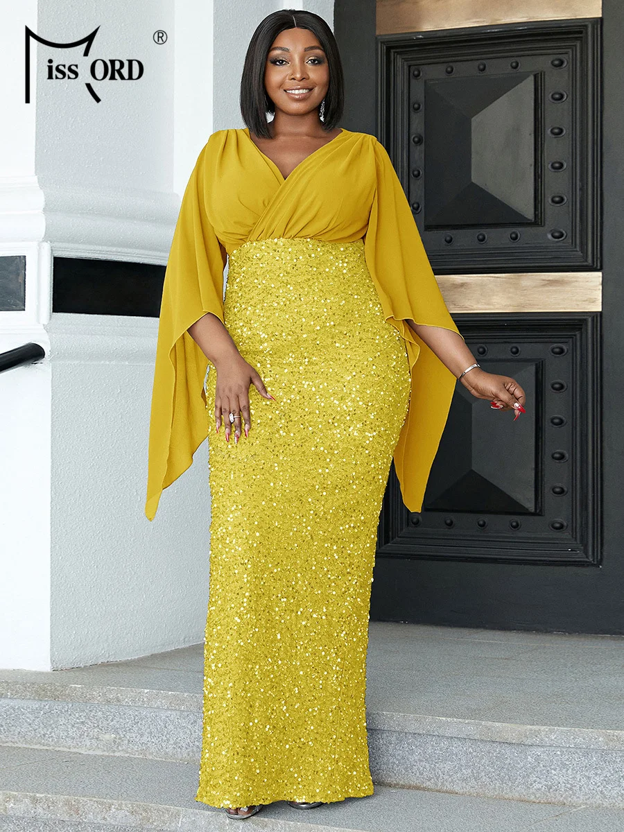 Missord Yellow Sequin Plus Size Wedding Party Dress Elegant Women V Neck Flare Sleeve Bodycon Prom Dresses Long Evening Gown