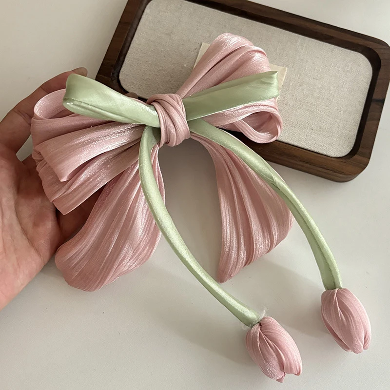 Moda słodka wstążka z tulipanem gumka do włosów dla kobiet dziewczynki śliczne eleganckie Bowknot spinka do włosów wykwintne frędzle akcesoria do włosów prezenty — zdjęcie 6