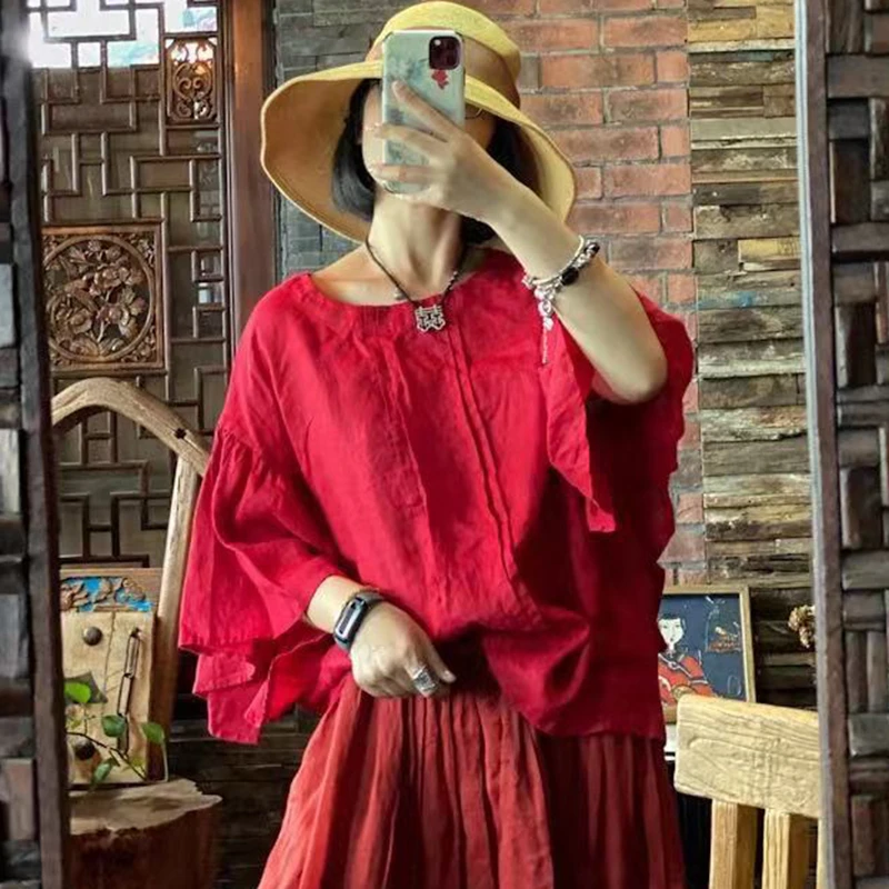 

Oversized Women Casual Linen Blouse Shirt New 2026 Summer Vintage Style O-neck Solid Color Loose Female Tops Shirts M2725