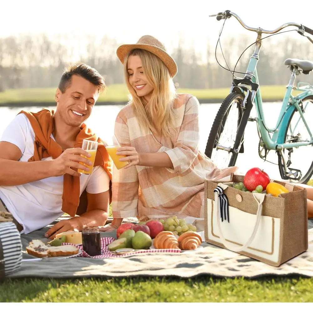 12 عبوة من أكياس الجوت البيضاء المقاومة للماء مع مقابض، وأكياس الخيش القابلة لإعادة الاستخدام لحفلات الزفاف والتسوق على الشاطئ