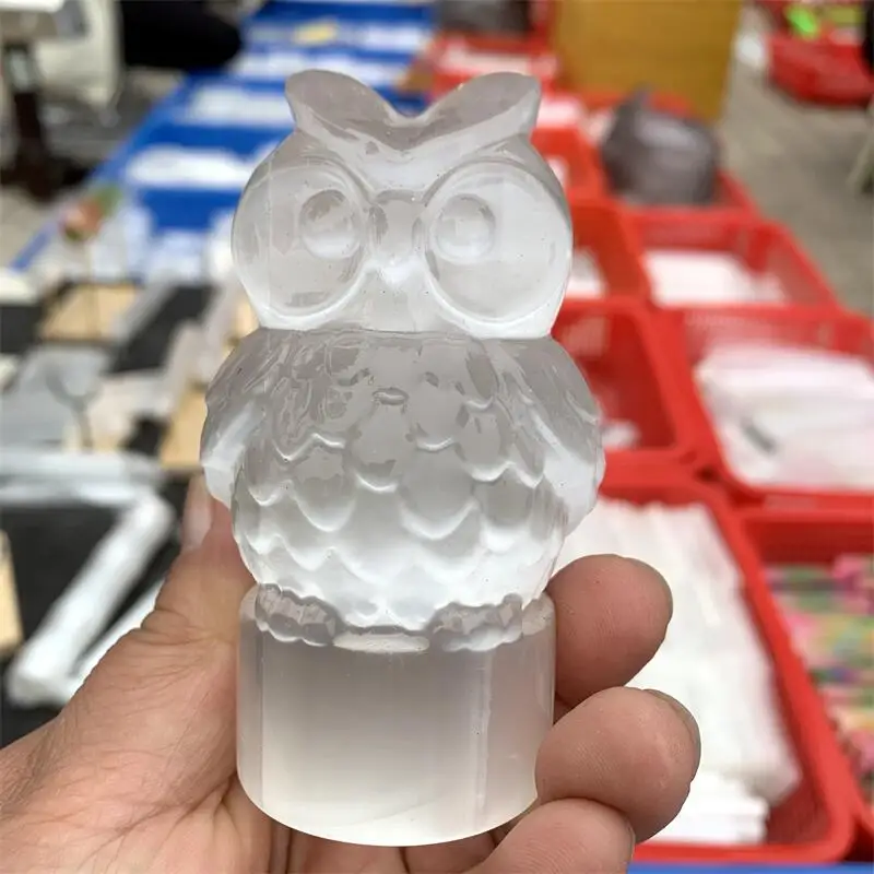 Natural Selenite Owl Carving Crystal Animal Beautiful Gemstone Crafts For Fengshui Home Decoration Collection 1pcs