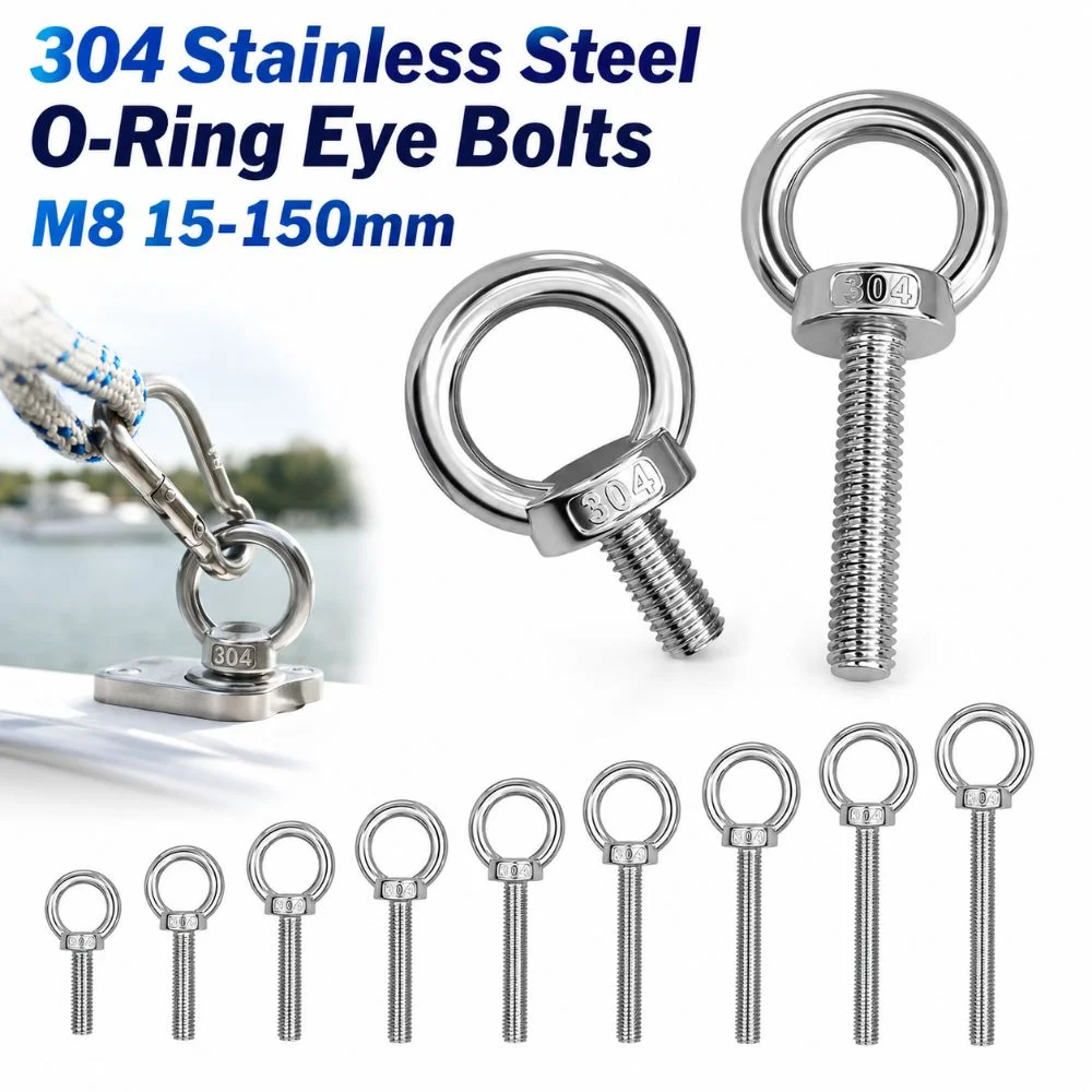 304 Stainless Steel Eye Bolts Heavy-Duty Hand-twisting O-Ring Extended Bolts Rust Prevention M8 15-150mm Lifting Bolts Eyelets
