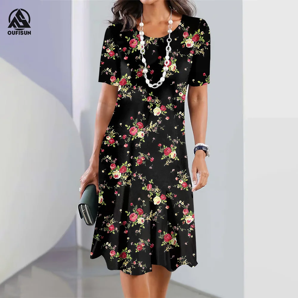 

Summer Women‘S Short Sleeves Dresses Crushed Flower Elegant Dress Holiday Short Sleeve Ladies Clothing Casual Oversize Clothing