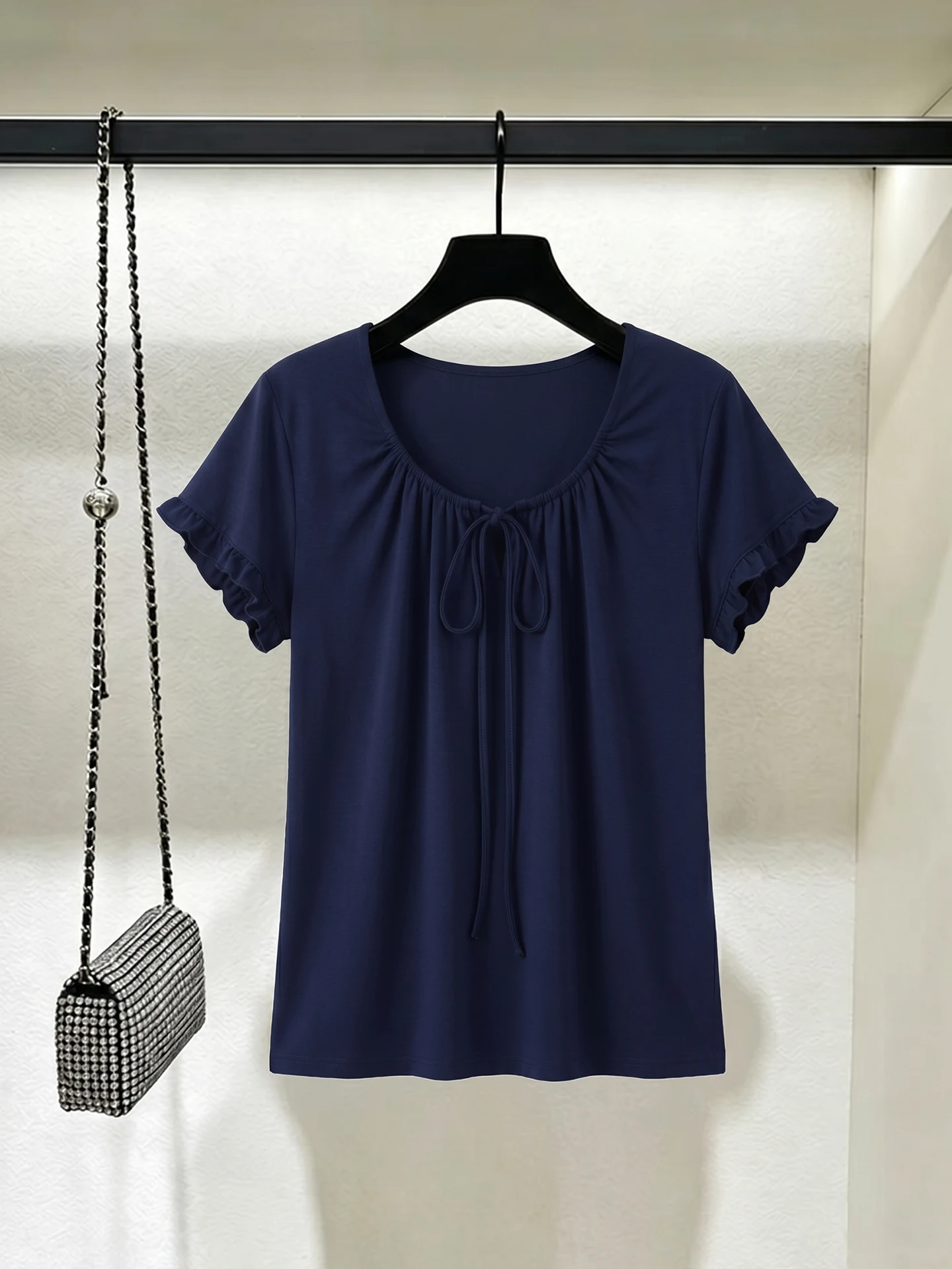 

Loose Casual Korean Style Commute T-Shirt Women's Short Sleeve Top with Belt Design Summer Fashionable Versatile Shirt