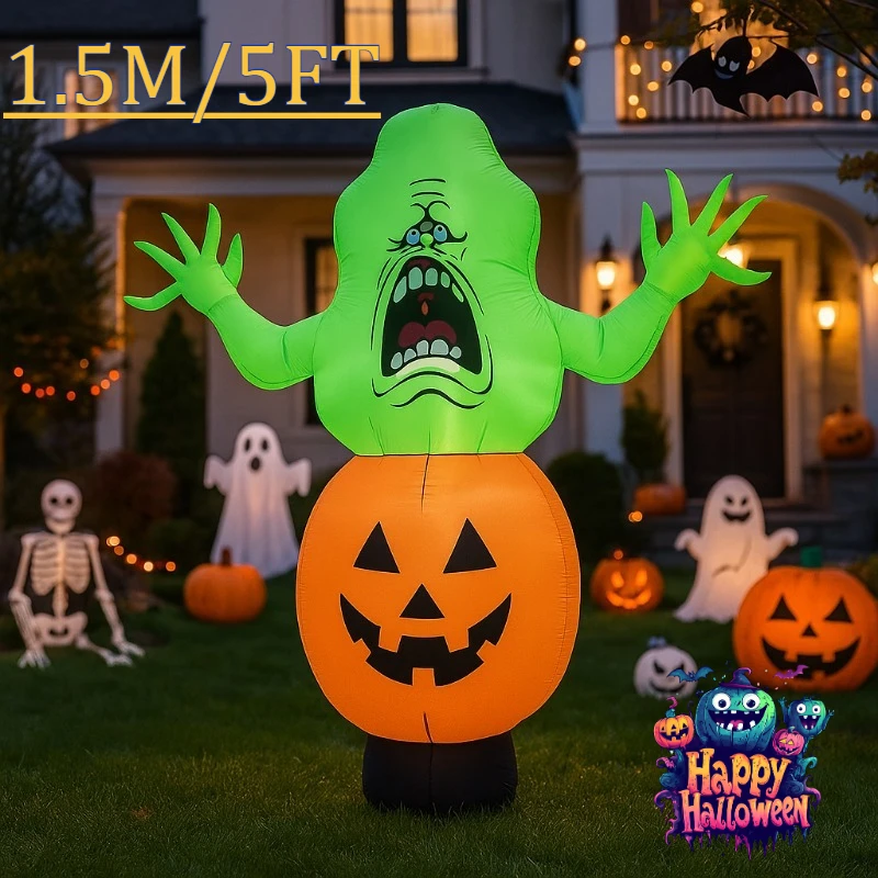 1.  5M/5FT Nadmuchiwane Zabawki Dynia Zielony Duch Halloweenowy Model Nadmuchiwany Świecący Model Dekoracje Halloweenowe Model