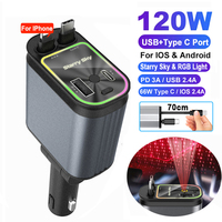 120W Retractable Car Charger Fast Charger USB+PD30W Power Adapter 4-in-1 Phone Charger With Roof Starlight For IOS Android Phone