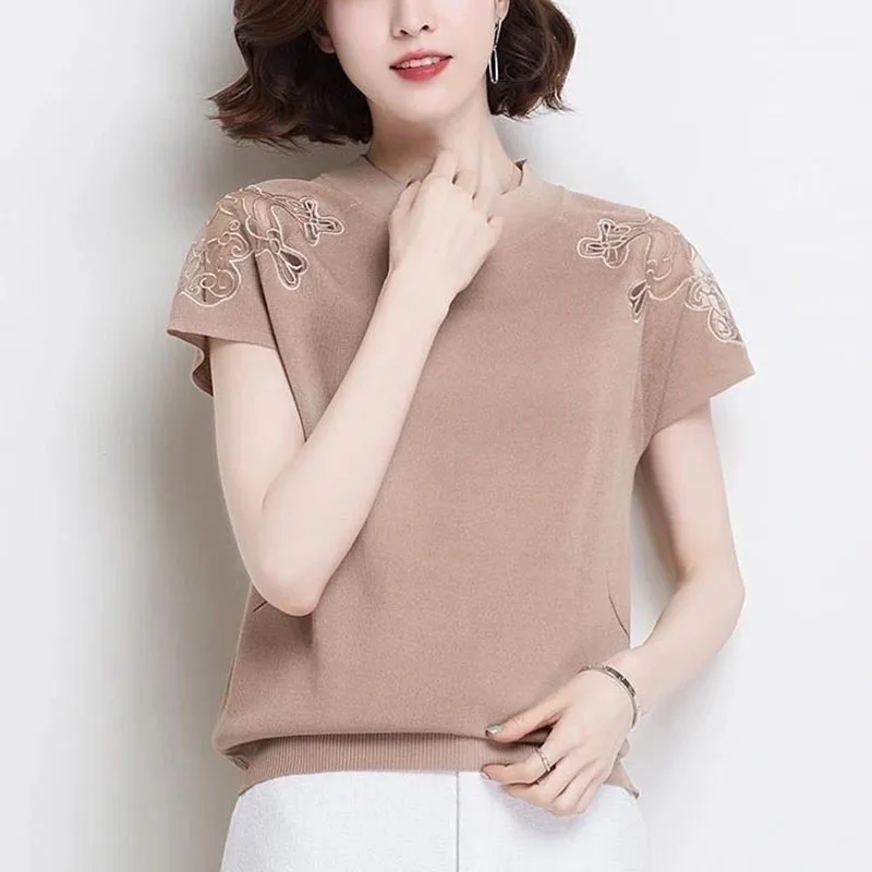 Elegant O-Neck Spliced Lace Hollow Out Off Shoulder Blouse Women\'s Clothing 2023 Summer New Casual Pullovers Office Lady Shirt