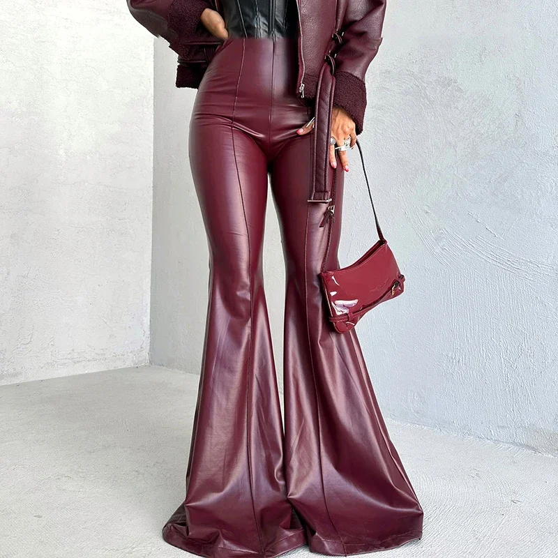 

Women'S 2024 new Winter High-Waisted Glossy Pu Leather Pants Flared Trailing Pants Long Pants That Drag The Ground Street