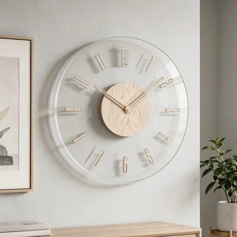 Minimalist Solid Maple Hollow Wall Clock, Transparent Number Design, Silent Movement Home Decor Clock