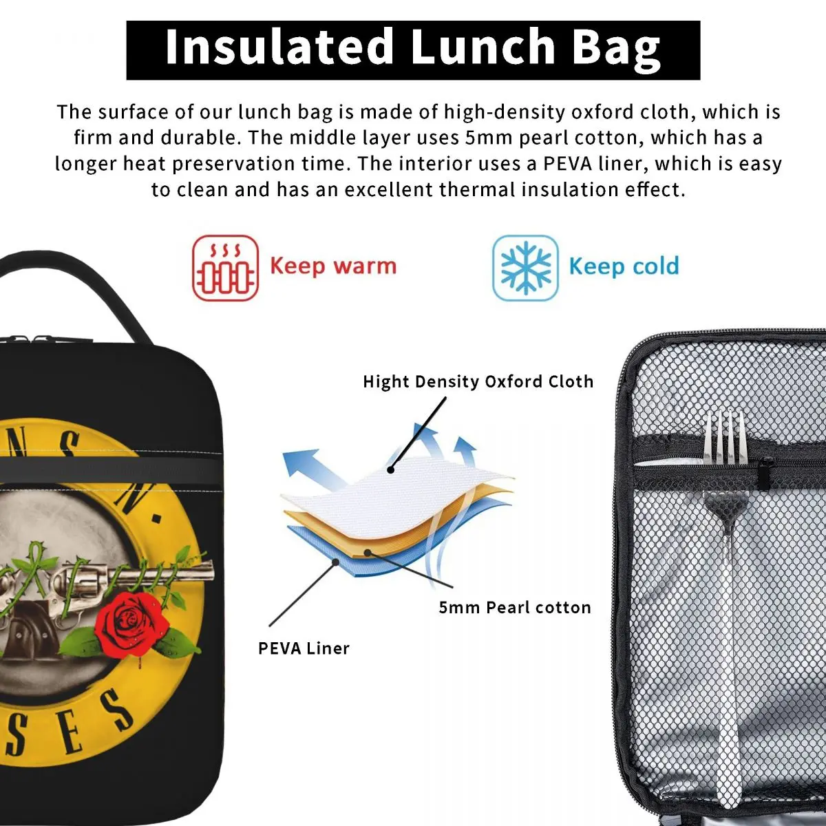 Guns-N-Roses-Logo Insulated Lunch Bag Cooler Lunch Container Large Lunch Box Tote Food Bag School Travel