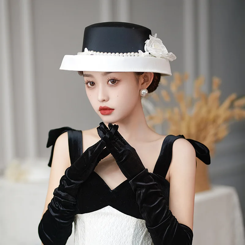 

European retro flower pearl hat dress headdress photo photography bridal dinner top hat women