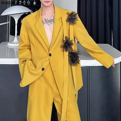 INCERUN Tops 2024 Korean Style Fashion Men Floral Ribbon Decoration Design Suit Coat Casual Male Solid Loose Long Sleeved Blazer