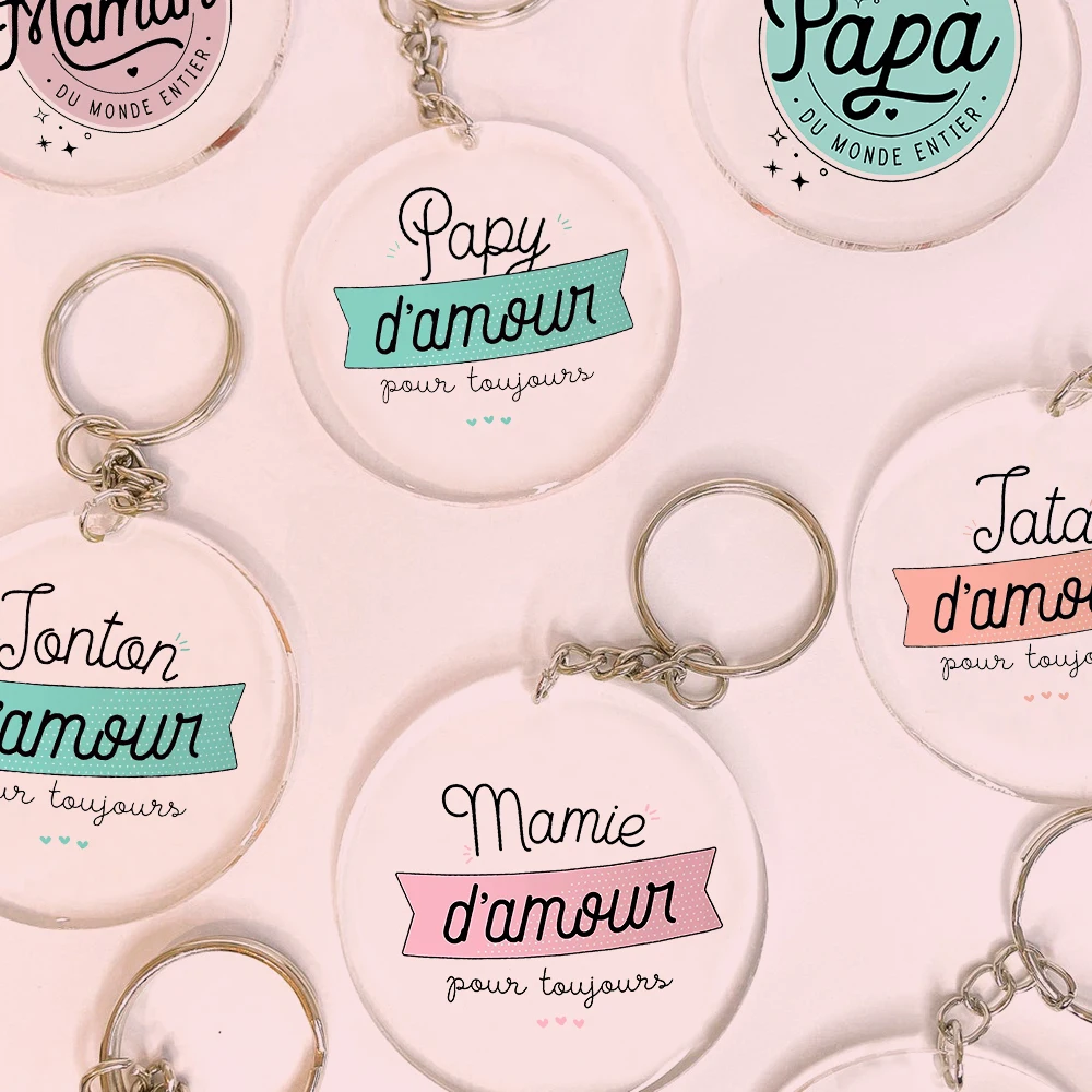 French Print Key Keychain Transparent Circle Chain Acrylic Keyring Festive Birthday Gift for Grandma Grandpa Aunt Uncle Mom Dad