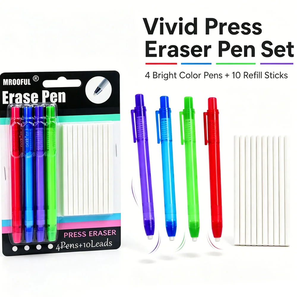 New Pen Shape Press Type Pencil Eraser Set with 10 Replaceable Core,for Sketching Writing Erase Supplies Stationery Accessories