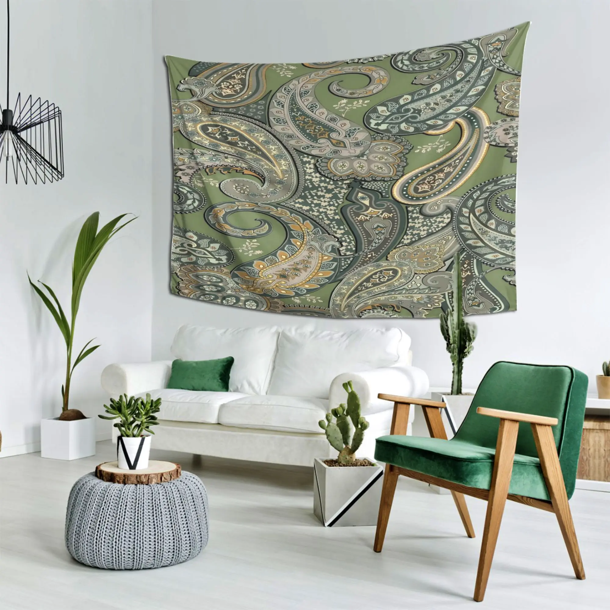Bohemian Paisley Print Wall Hanging Tapestry Green Background Boho Living Room Decor Art Textile