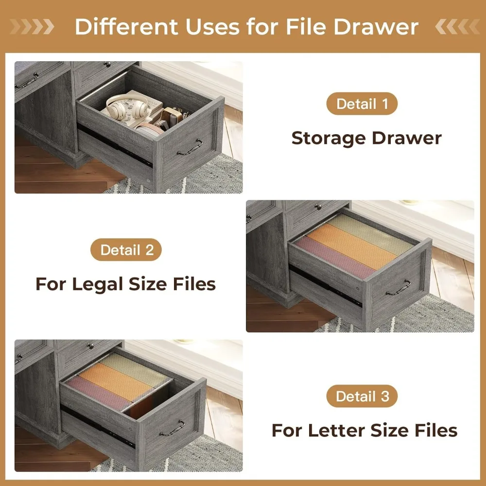 Farmhouse Executive Desk with File Drawer, Computer Desk with Charging Station & LED Lights, Home Office Desk with Drawers